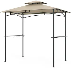 CostwayGazebo de Gril 242 x 150 cm Canopée Extérieur à Deux Niveaux avec 2 Étagères 6 Crochets Cadre Métallique Toit Souple Abri de Patio Beige pas cher