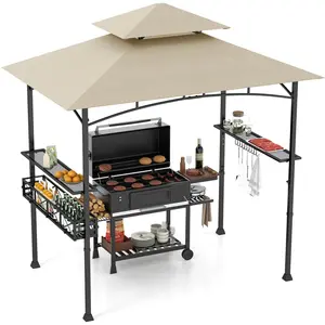 CostwayTonnelle pour Barbecue 242 x 153 CM 2 Etagères Latérales Panier de Rangement Crochets de Suspension Décapsuleur Cadre en Métal Beige