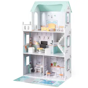 CostwayJeu Maison de Poupée avec 17 Meubles et Accessoires d'Escalier ... pas cher