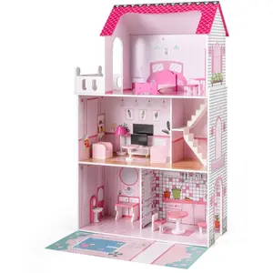 CostwayJeu Maison de Poupée avec 17 Meubles et Accessoires d'Escalier ... pas cher