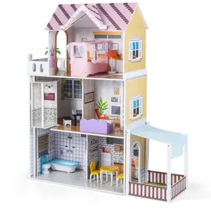 CostwayMaison de Poupée en Bois de 3 Étages avec 16 Accessoires de mob... pas cher