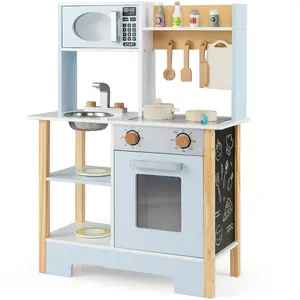 CostwayCuisine Jouet Enfant Cuisine en Bois avec Tableau Noir Micro-on... pas cher