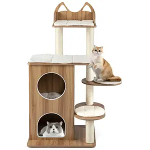 CostwayArbre à Chat en Bois Tour à Chat à 2 Étages avec Niche Platefor... pas cher