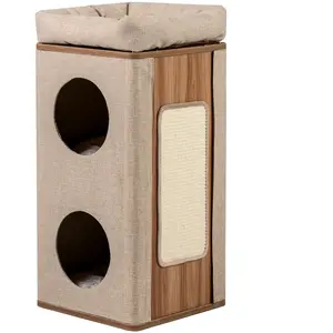 CostwayMaison pour Chat à 3 étages Condo pour Chat avec Griffoir 2 Refuges et Perchoir Supérieur Meuble Moderne en Forme de Tonneau Beige pas cher