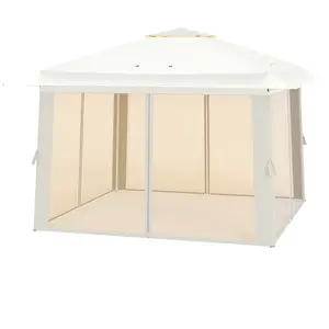 CostwayGazebo Pop-Up 394 x 394 cm Tente Canopée Pliable avec Moustiquaire et Toit Double Sac de Transport Abri Solaire Beige pas cher