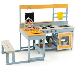 CostwayCuisine de Jeu Enfants en Bois de Sapin avec Banc Intégré Table... pas cher