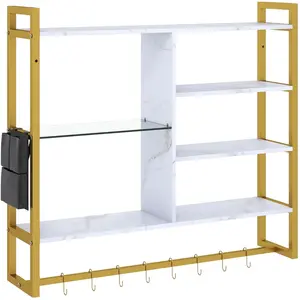 Costway Étagères Flottantes Industrielles de 107 cm Étagère Murale à 6 Niveaux avec 8 Crochets en S et Poche pas cher