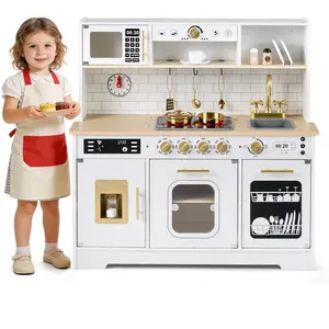 CostwayCuisine Enfants Cuisine de Jeu en Bois avec Lumières&Sons Cuisi... pas cher