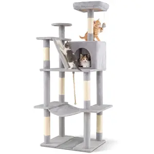 CostwayArbre à Chat 158 CM d'Intérieur Grand Arbre d’Escalade Multi-Niveaux avec Perchoir Douillet en Haut Grotte Hamac Gris Clair pas cher