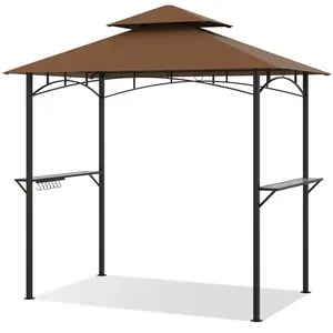Costway240 x 151 cm Tonnelle pour Barbecue Abri à Double Toit pour Grill avec 2 Étagères 7 Crochets Structure Métallique Abri Barbecue Café pas cher