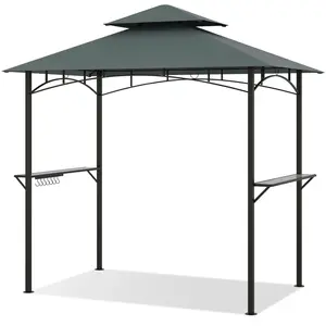 Costway240 x 151 cm Tonnelle pour Barbecue Abri à Double Toit pour Grill avec 2 Étagères 7 Crochets Structure Métallique Abri Barbecue Gris