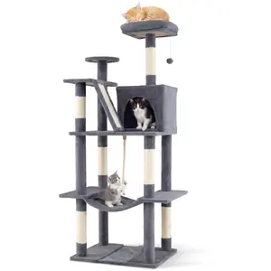 CostwayArbre à Chat 158 CM d'Intérieur Grand Arbre d’Escalade Multi-Niveaux avec Perchoir Douillet en Haut Grotte Hamac Gris Foncé pas cher