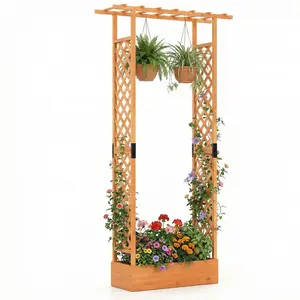 CostwayJardinière avec 2 Treillis Latéraux Toit Suspendu en Bois d'Épi... pas cher