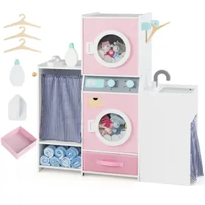 CostwayJeu de Lavage en Bois pour Enfants Machine à Laver Jouet avec B... pas cher