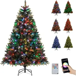 Sapin de Noël Illuminé 180cm COSTWAY-370 Lumières RGB Multicolores-Modes Scintillants-TélécommandeAPP-Branches à Charnières pas cher