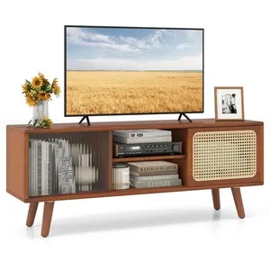 Costway Meuble Tv En Bambou Pour Tv 55" Avec 4 Compartiments, 4 Pieds En Bois, 2 Portes Coulissantes En Rotin, Verre Trempé Marron pas cher