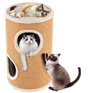 CostwayTonneau Griffoir Chat à 3 Étages Tapis à Griffer en Sisal Tour Chat avec Coussin 2 Grandes Entrées 36 × 36 × 59,5 cm Charge 15kg Brun pas cher