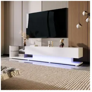 NECHE Meuble TV brillant à éclairage LED,Commode TV avec 2 grands tiroirs + étagères en verre,Design moderne,170x36x38cm,Blan pas cher