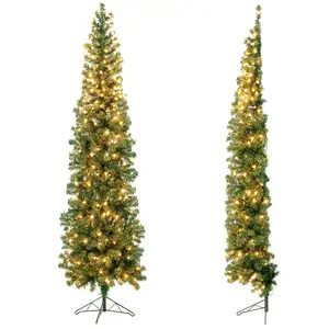 COSTWAY Sapin de Noël Artificiel Demi Arbre Mural 210 cm 150 LED Lumières Blanc Chaud 450 Pointes de Branches Support en Métal pas cher
