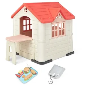 COSTWAY Maisonnette Enfants - 164x124x132 CM, Maison de Jeu avec Table de Pique Nique, Cabane de Jardin en PEHD Anti-UV RoseVendu parcdiscount