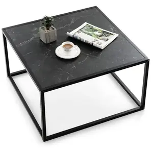 COSTWAY Table Basse Carrée Moderne, 70 x 70 x 40 CM, avec Dessus de Table en Faux Marbre et Structure en Acier, Noir pas cher