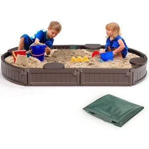 GOPLUS Bac à Sable pour Enfant Rond/Ovale, Bac à Sable avec 4 Sièges Banc Détachables, Bac à Sable avec Couvercle étanche et Anti-Poussière,pour Enfants pas cher