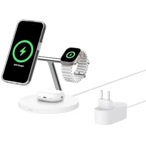Comparateur de prix : Belkin BoostCharge Pro 3-in-1 - Support de chargement sans fil - avec Qi2 + adaptateur secteur - 15 Watt - Fast Charge - blanc