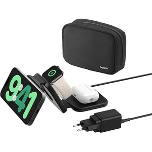 Comparateur de prix : Belkin BoostCharge Pro 3-in-1 - Plot de charge sans fil - magnétique avec Qi2 + adaptateur secteur - 15 Watt - 3 A - Certifié MFI