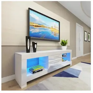NECHE Keepbuying - Meuble tv Moderne Blanc avec led Lumineuse - Etagère en verre 2 Tiroirs - Buffet Bas Rangement Salon Chambre 130x35x50cm pas cher