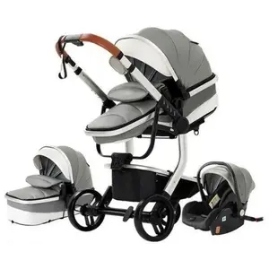 BAZARLAND30.Poussette 3 en 1 Bébé Combinée Siège-Auto Nacelle Trio Réversible cuir pu Roues increvables Canne.gris