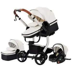 BAZARLAND30 Poussette 3 en 1 Bébé Combinée Siège-Auto Nacelle Trio Réversible cuir pu Roues increvables Canne blanc.