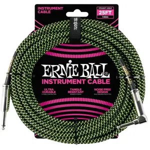 Ernie Ball 6066 - Câble gaine tissée noire et verte jack-jack coudé - 7.62m pas cher