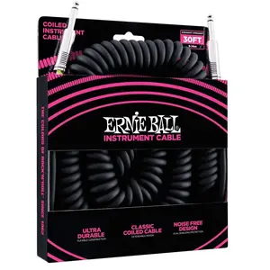 Ernie Ball Câble enroulé pour instrument, connecteur droit, 9,1 m, noir