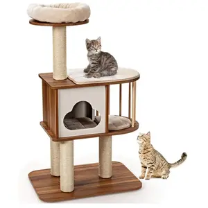 COSTWAY Arbre à Chat Design Vesper en Bois H117cm avec Plate-Forme Gri... pas cher