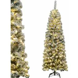 COSTWAY Sapin de Noël 180cm crayon avec neige et 250 lumières LED blan... pas cher