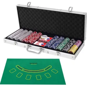 Costway Mallette De Poker - 500 Jetons - 2 Jeux De Cartes - 5 Dés - 3 Boutons - Etui En Aluminium