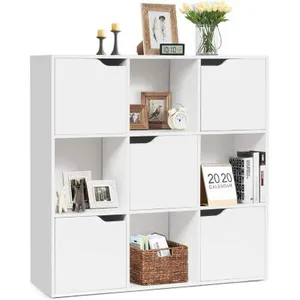 Comparateur de prix : GOPLUS Bibliothèque étagère de rangement 9 cases 5 porte blanc 90x29x90cm