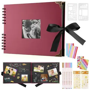 BIGILANTUH Album Photo 80 Pages Noir Scrapbooking Album 29,5X 21Cm Livre Scrapbooking Avec 6 Stylos Metalliques, Pour 160 Photos, (Vin Rouge)Vendu parcdiscount