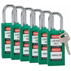 Brady, Cadenas, Serrure de sécurité standard à arceau en acier, vert, hauteur d'arceau de 38mm, corps long, arceau pas cher