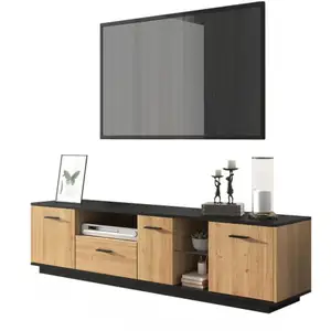 MERAX Meuble tv led l.180 cm en imitation chêne + noir meuble tv bois clair pas cher