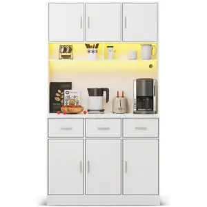 MERAX Buffet de cuisine 180cm en mdf avec lumière led,6 portes,3 tiroi... pas cher