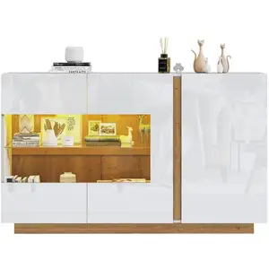 MERAX Buffet en panneaux de particules avec lumière led et 3 portes,138x38x90,5cm,bla buffet blanc pas cher