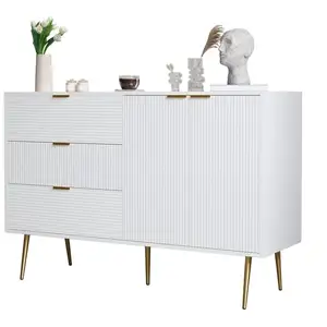 MERAX Buffet en mdf avec 2 portes,3 tiroirs,pieds et poignées dorés,120x38x80,5cm,blan buffet blanc pas cher