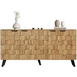 MERAX Buffet en panneaux de particules avec 4 portes et motifs géométriques texturés,160,5x35,5x78cm buffet naturel pas cher