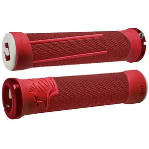 Comparateur de prix : Poignées MTB ODI AG2 Signature Lock-On 2.1 Rouge Feu avec Colliers Rouges 135mm