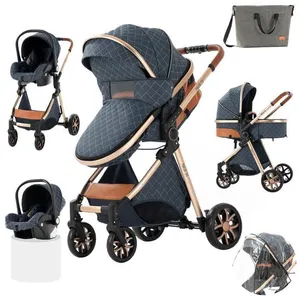 P O S Poussette 3 en 1 Bébé Combinée Siège-Auto Nacelle Trio Réversible Réglable Haute Qualité Roues increvables Canne bleu.bazarland30
