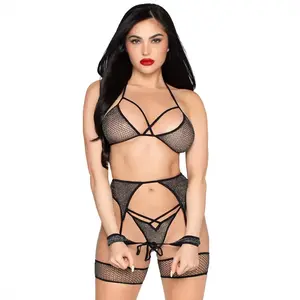Comparateur de prix : Leg Avenue   Ensemble Soutien, String & Harnais Résille Lurex   Noir