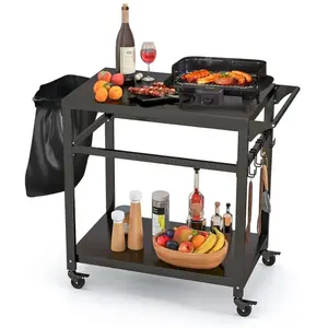 Comparateur de prix : Desserte pour Plancha 80 x 50,5 cm COSTWAY, Double Étagères, 4 Roues Universelles, Crochets Porte-serviettes, Chariot de Barbecue