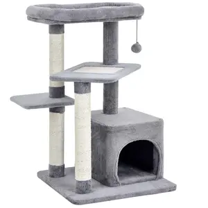 Costway Arbre À Chat 85 Cm Avec Condo Et Poteaux En Sisal, Tour À Chat À 4 Niveaux Avec Balle Suspendue Et Perchoir, Gris