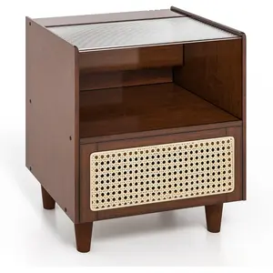 COSTWAY Table de Chevet en Bambou avec Tiroir, Plateau en Verre, Desig... pas cher